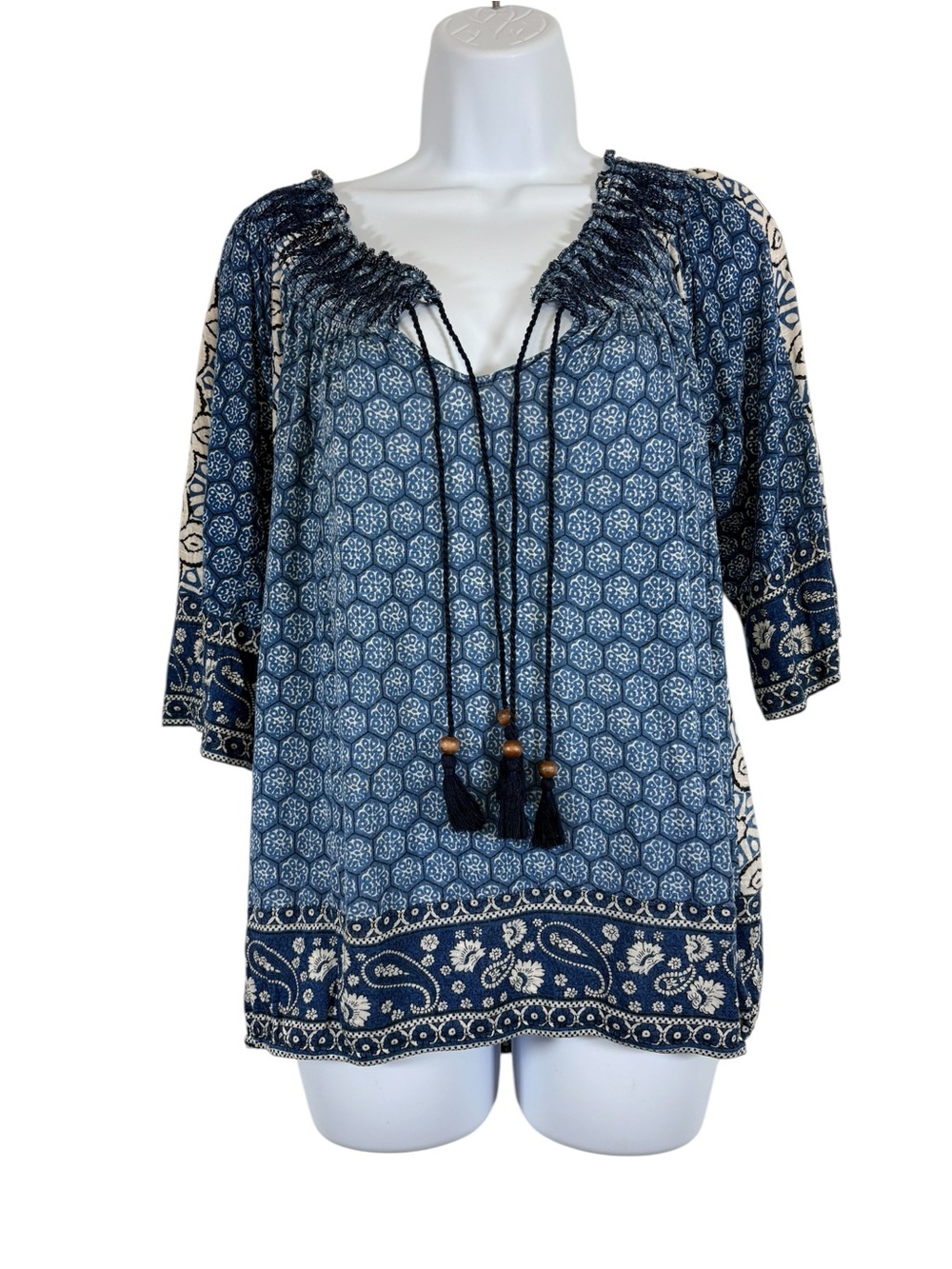 Lucky Brand Blue Boho Print Tassel Tie Peasant Blouse Top SzL
